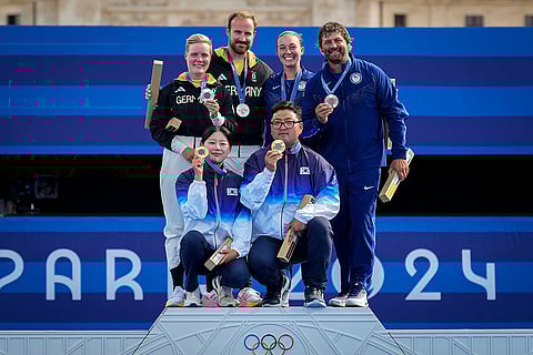 Archery mixed team medal ceremony: Gold Medallists South Korea, silver winners Germany and bronze winner of United States